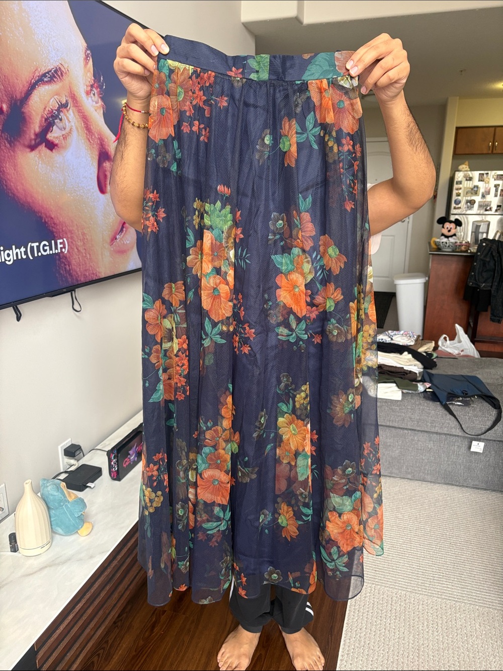 Navy Floral Maxi Skirt with Orange Blooms